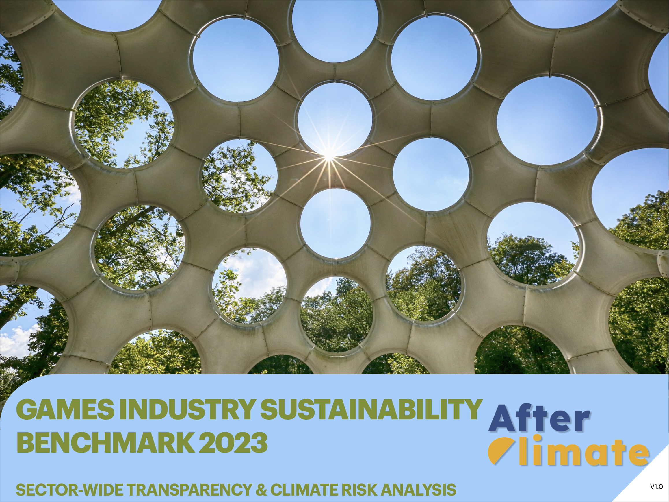 The front cover of the benchmark report – the sun shining through a building full of holes with trees behind