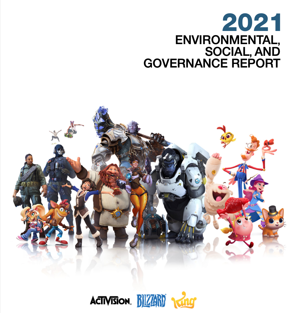 Front cover of Activision Blizzard 2021 ESG report with characters from their games
