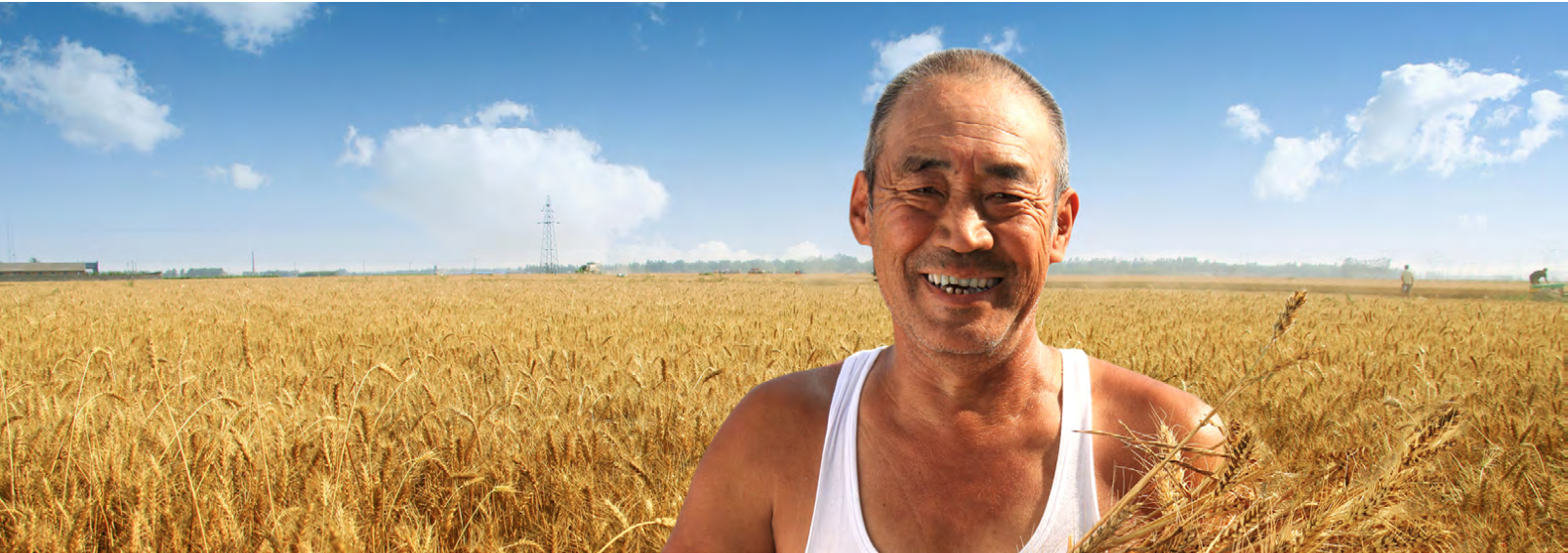 A rural Chinese man wearing a white singlett stands in a wheat field below blue skies. He is smiling infectiously.