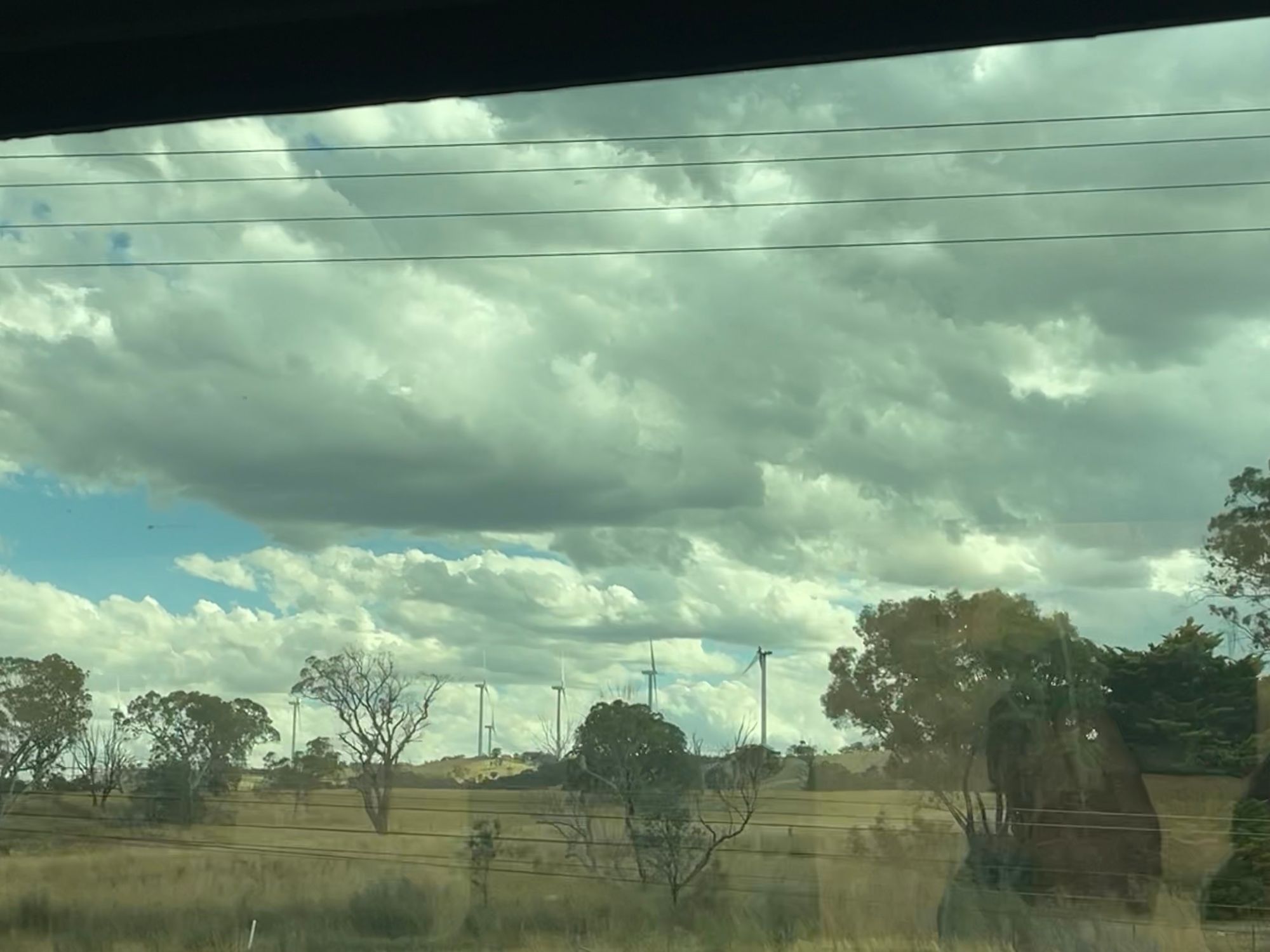 A picture from the train window, grass and trees in the foreground, a wind farm in the distance, with five turbines in a row, one with a blade missing from the top