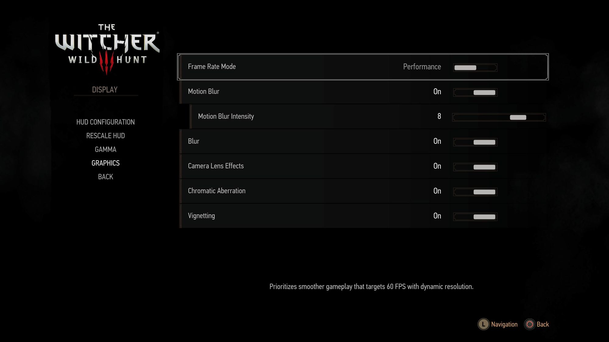 Menu screen from The Witcher 3 showing "Frame Rate Mode: Performance"