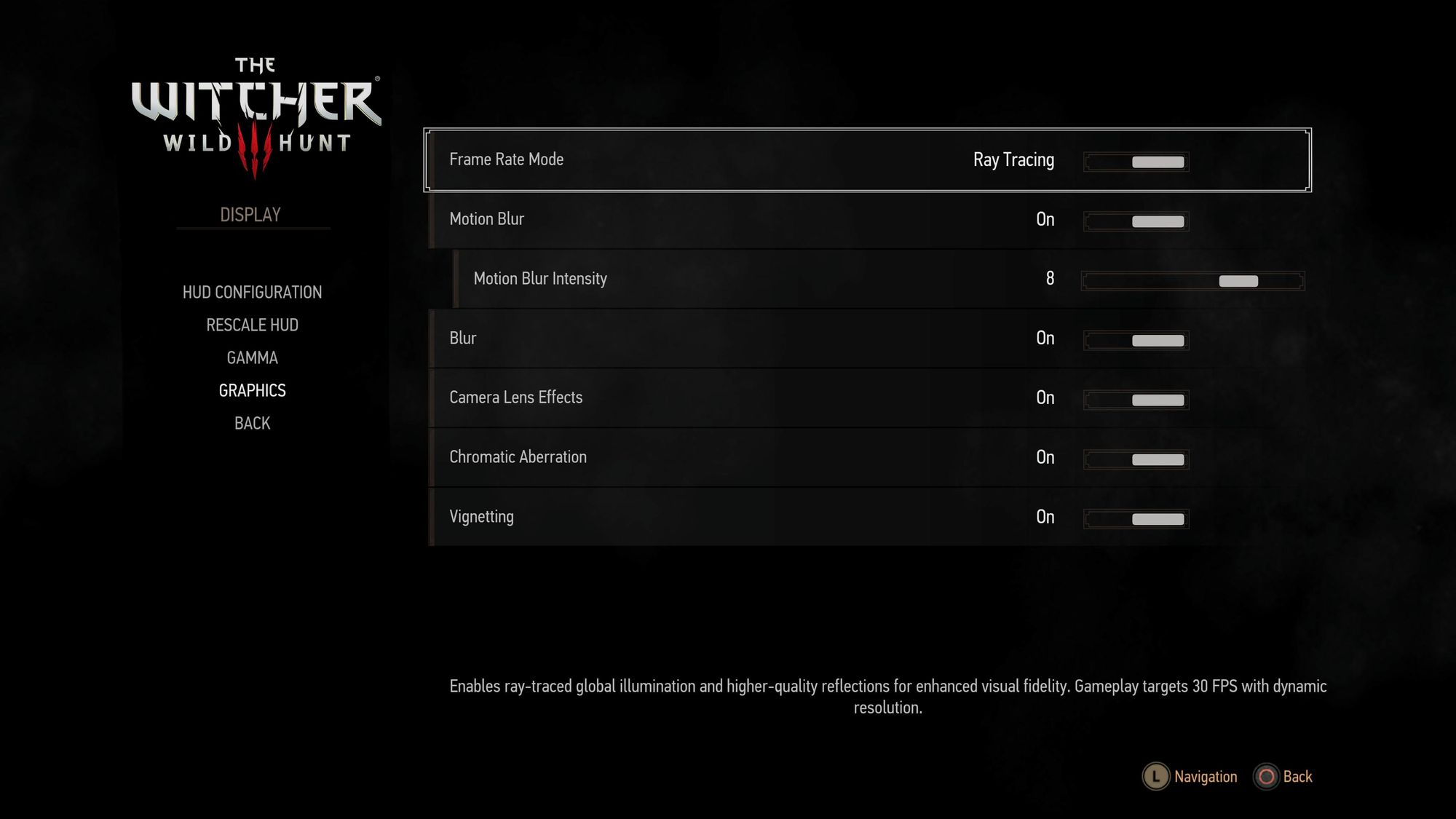 Menu screen from The Witcher 3 showing "Frame Rate Mode: Ray Tracing"