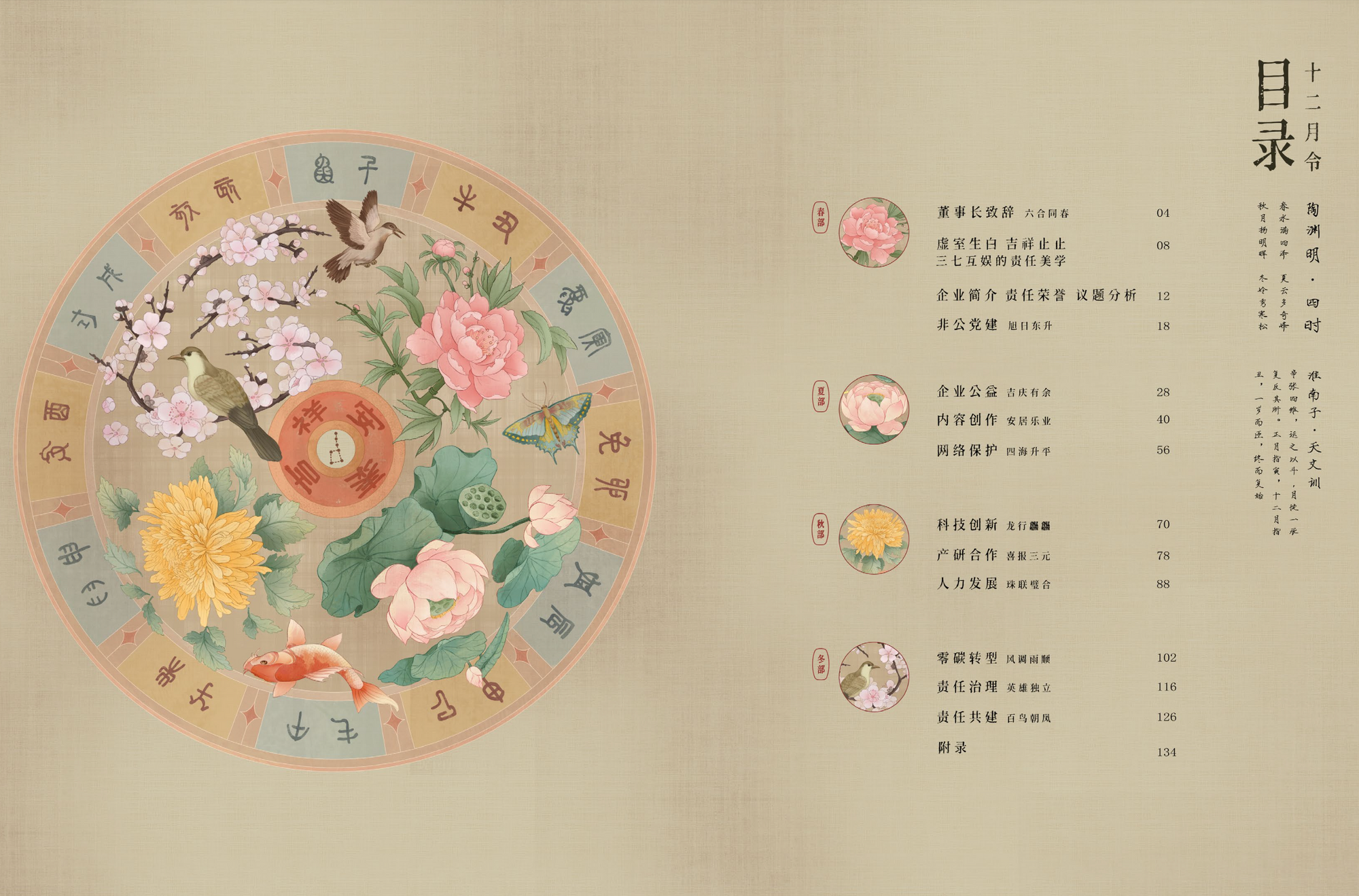 A circular wheel with chinese characters, birds, and flowers on the left, in front of a tan background.