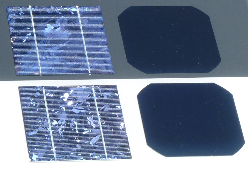 From Wikipedia: “The ones on the left are made of multicrystalline (multi-Si), while the ones on the right are made of monocrystalline silicon (mono-Si).”