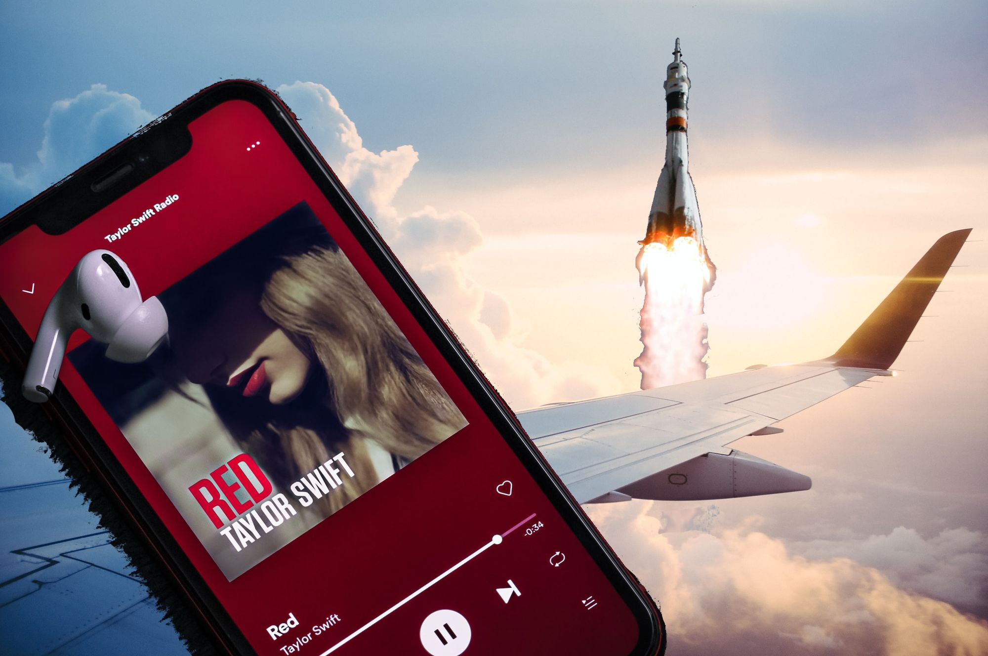 A picture of the wing of an airplane, with an iPhone playing Taylor Swift's "Red", and a rocket taking off