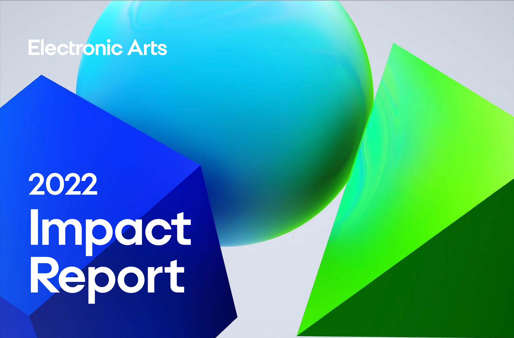 The cover image from EA's 2022 impact report, showing rendered coloured shapes – blue, green, turquoise