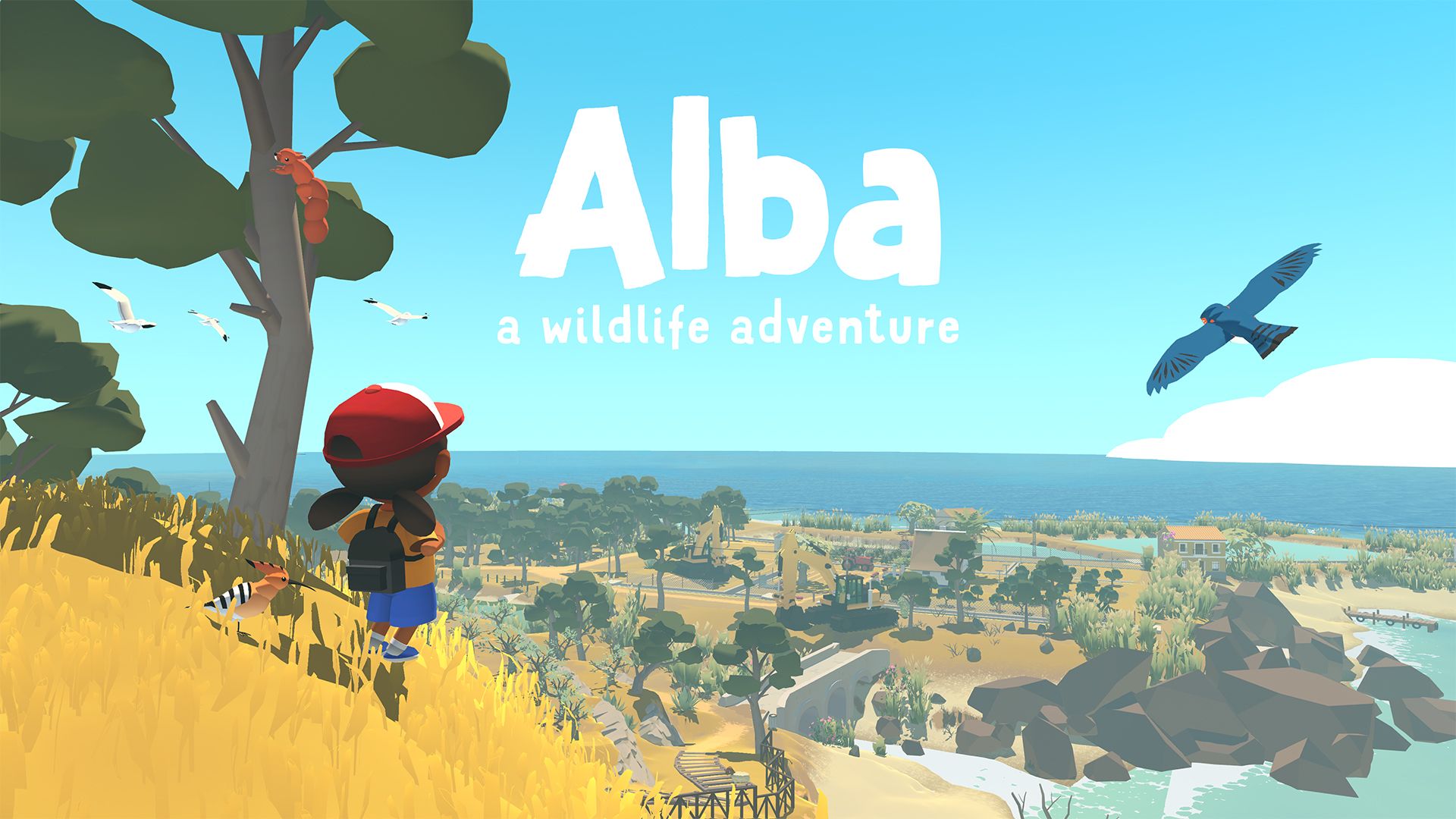 A screen from Alba, with the main character on a hill overlooking an environment, with birds in the sky