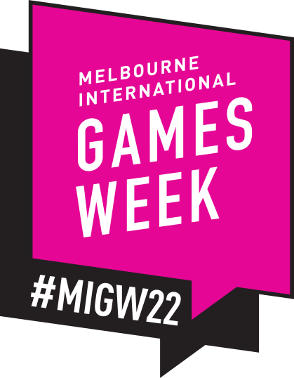 A pink logo with the words Melboune International Games Week on it, and #MIGW22