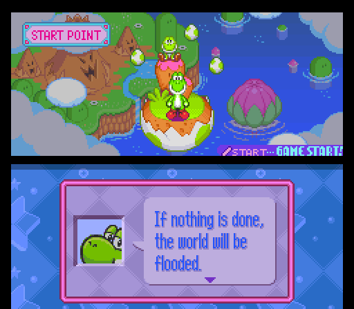 A screenshot of Yoshi saying "If nothing is done, the world will be flooded"