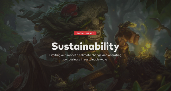 An image from Riot's new page on their climate targets, with game art behind the words "Sustainability"